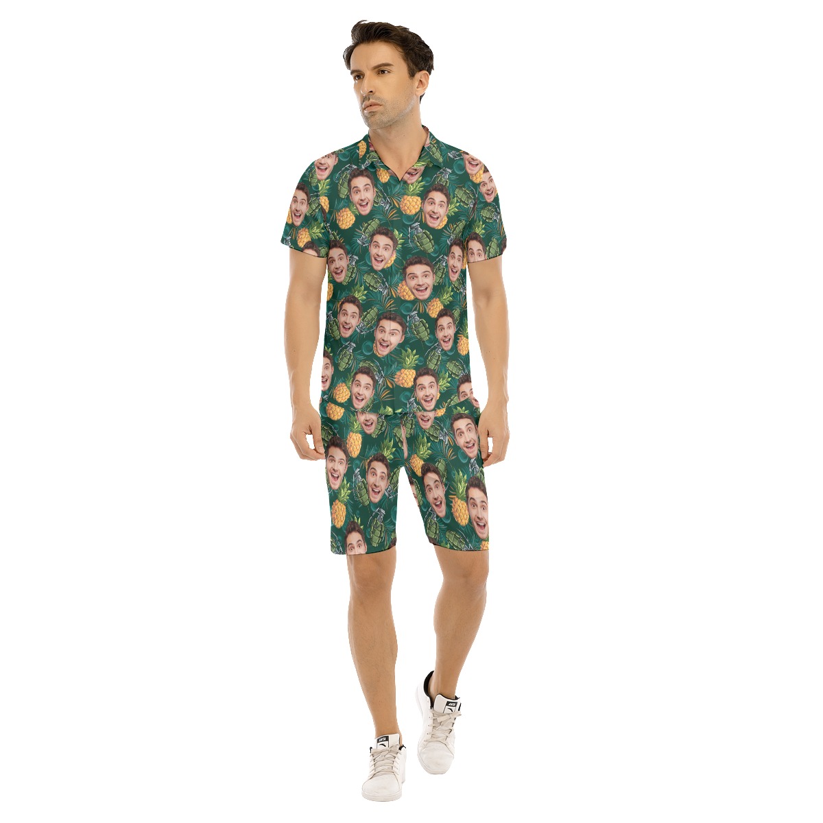 Set Custom Face Pineapple Grenade Green Hawaiian Shirt And Matching Shorts For Men - variant image 1