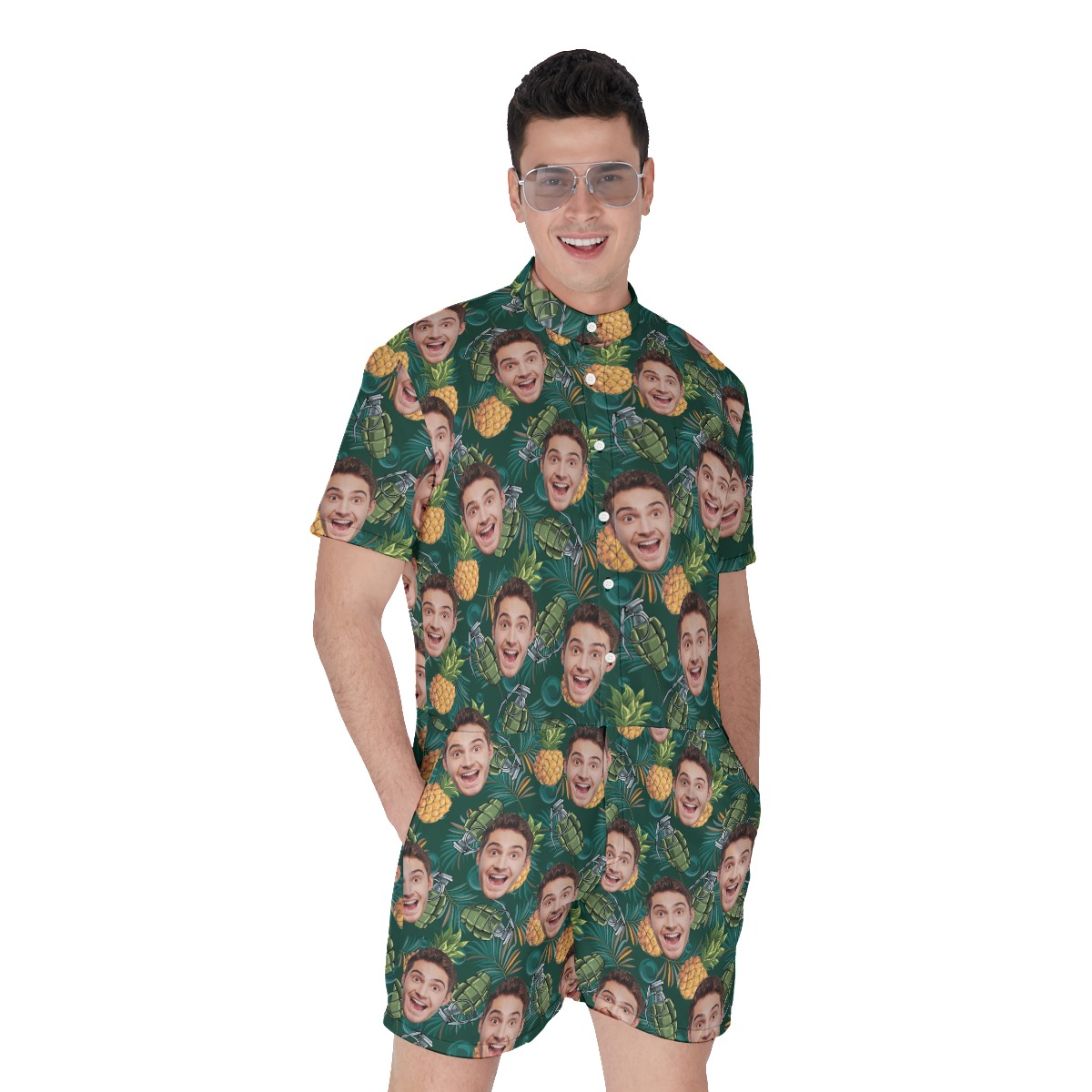 Funny Custom Face Pineapple Grenade Men's Green Hawaiian Romper - variant image 1