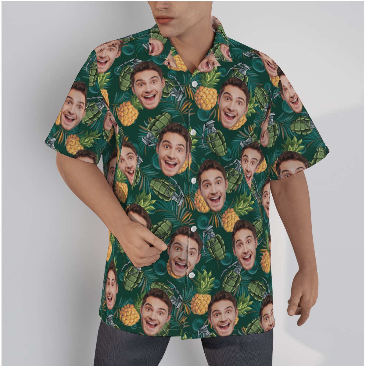 Pineapple Grenade Custom Face Green Hawaiian Shirt - variant image 1
