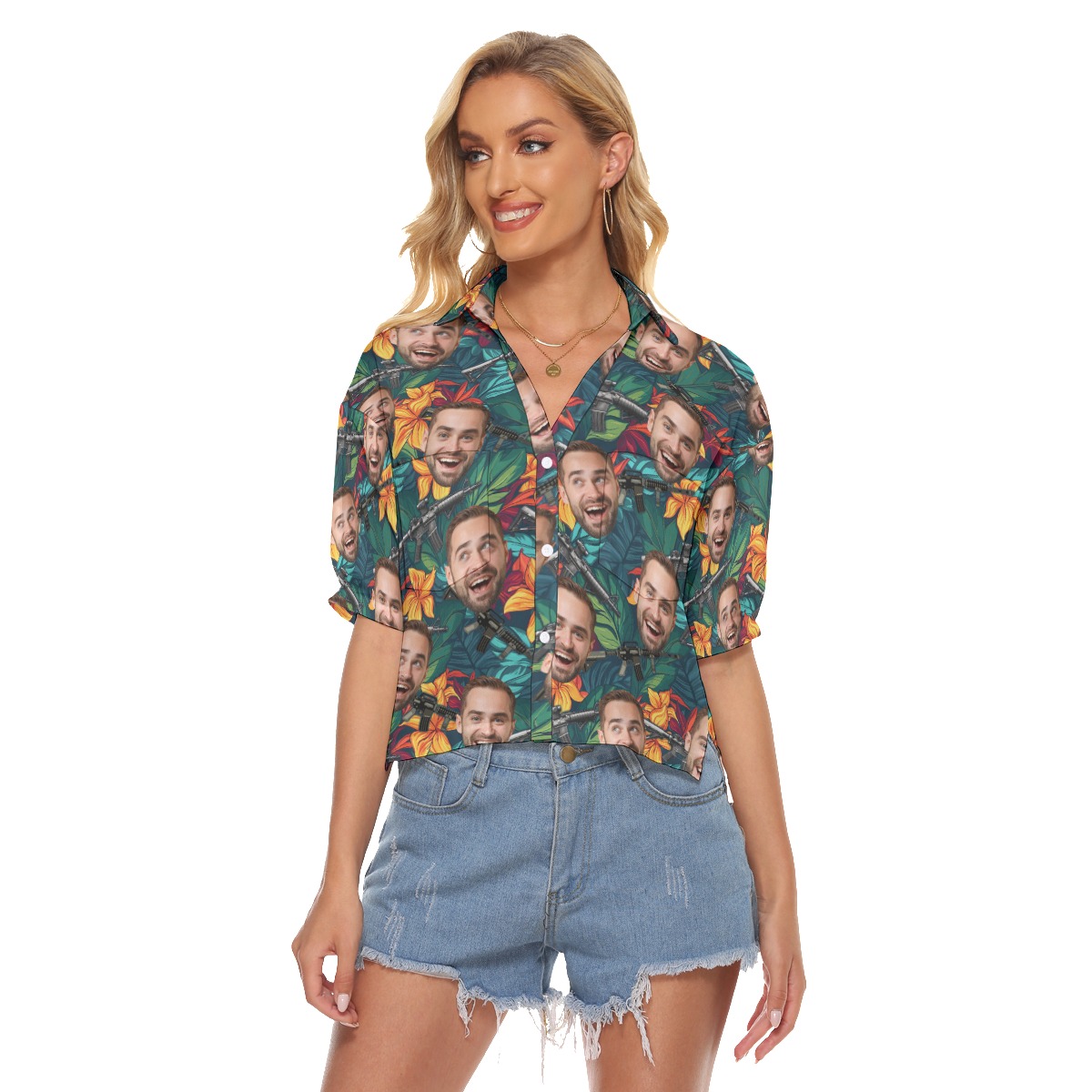 Funny Custom Face Tactical Floral Hawaiian Crop Top Shirt For Women - variant image 1