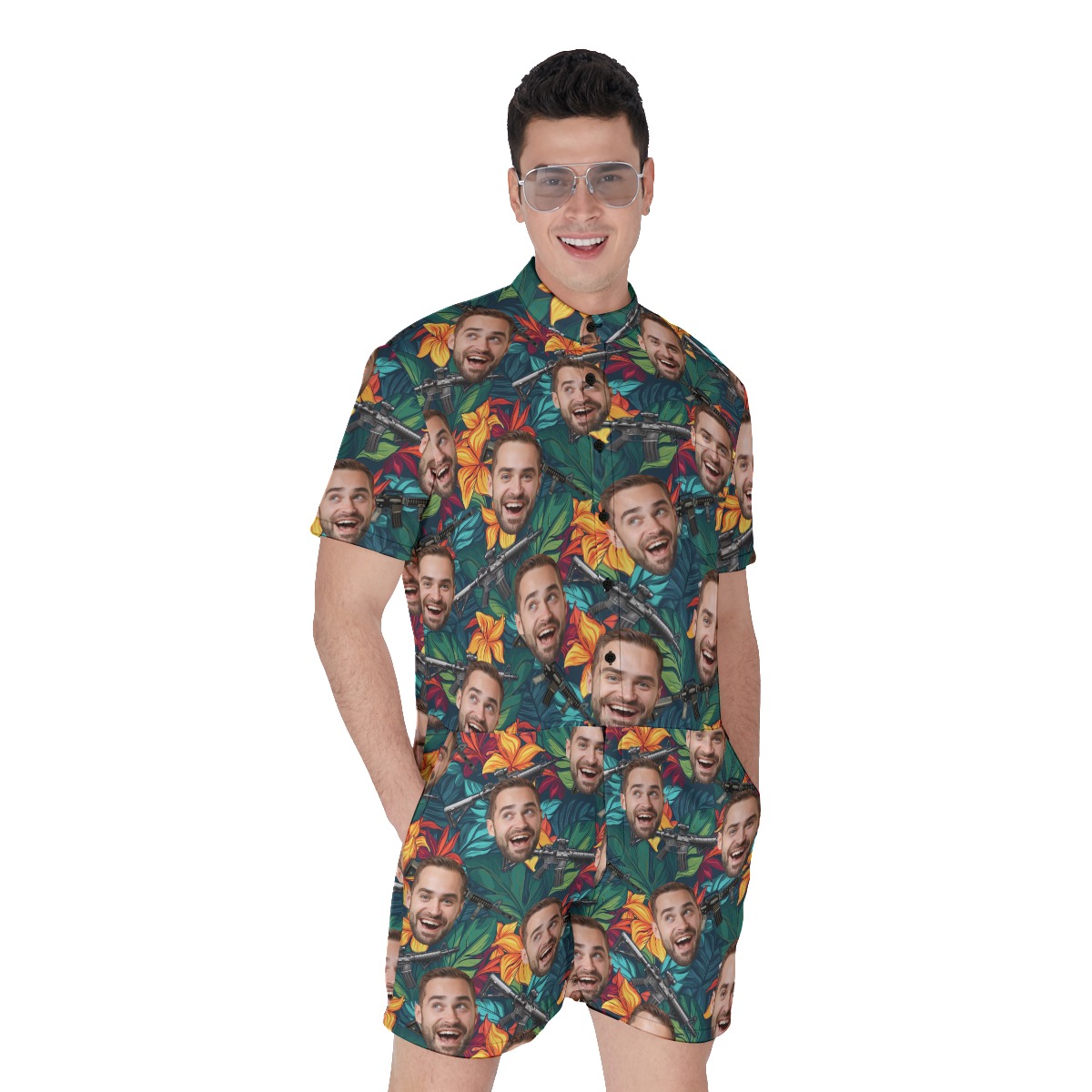 Custom Face Tactical Gun Tropical Hawaiian Romper For Men - variant image 1