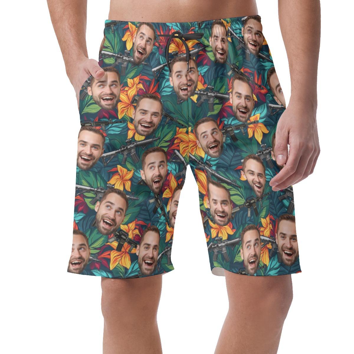 Custom Floral Gun Hawaiian Beach Shorts With Face - variant image 1