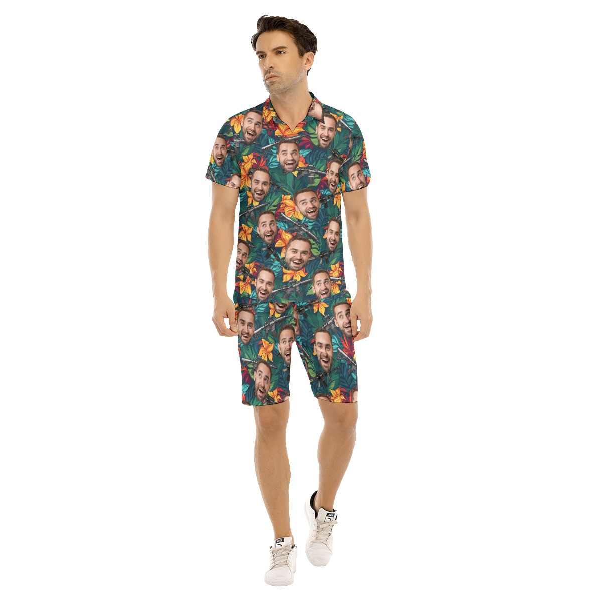 Set Tactical Gun Tropical Hawaiian Shirt And Shorts With Custom Face - variant image 1