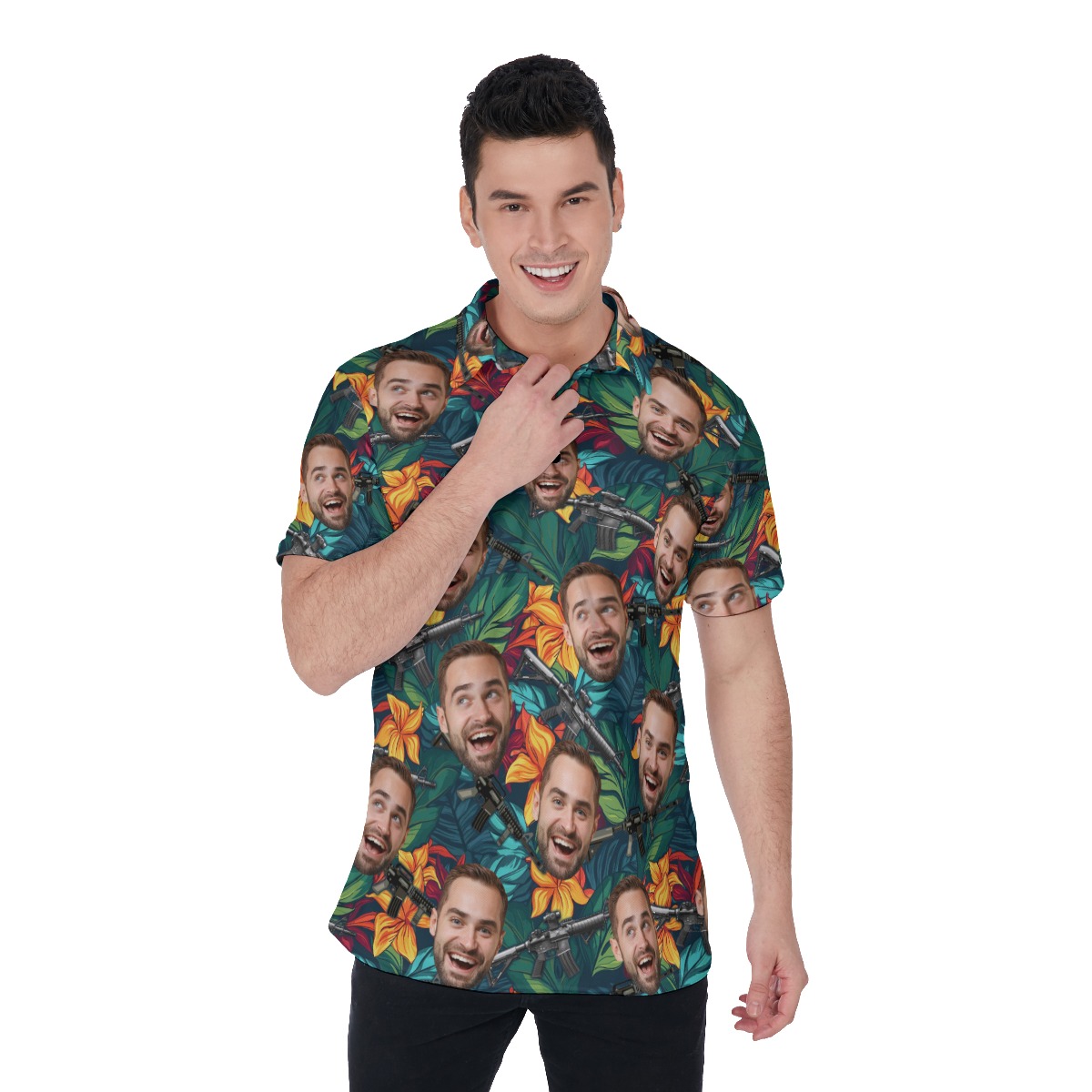Floral Gun Hawaiian Polo Shirt With Custom Face - variant image 1