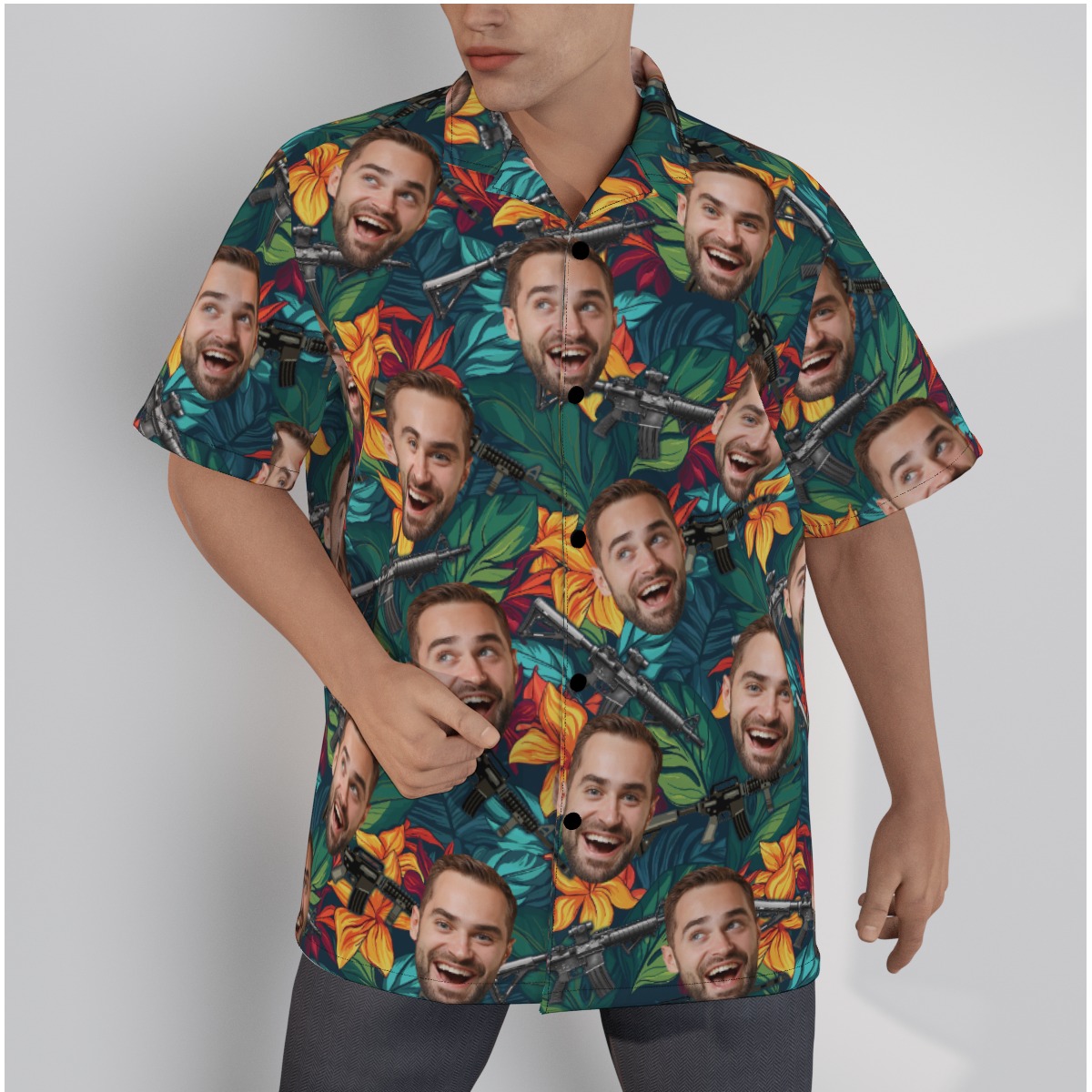 Custom Face Gun Floral Hawaiian Collared Shirt - variant image 1