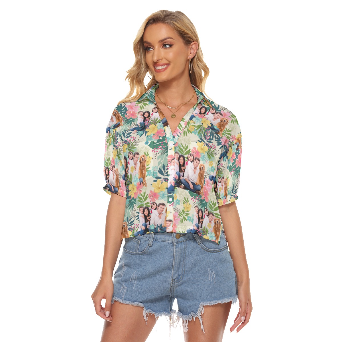 Custom Floral Hawaiian Crop Top Shirt With Family Images - variant image 1