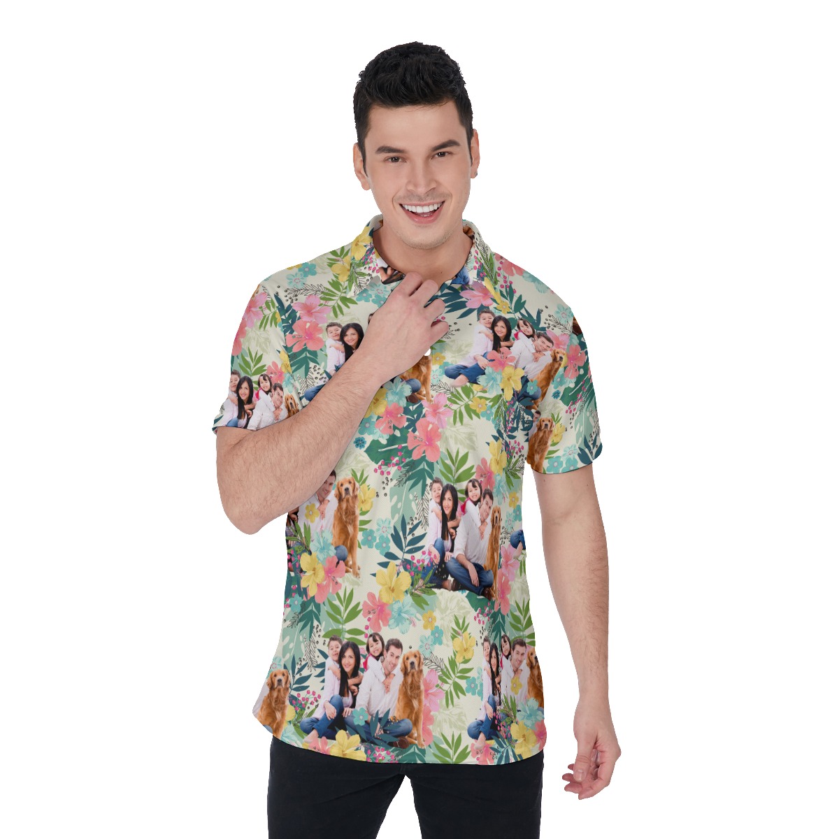 Funny Custom Family Images Floral Hawaiian Men's Polo Shirt - variant image 1