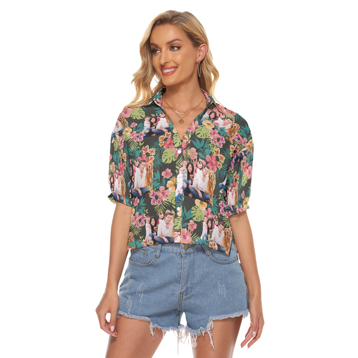 Floral Hawaiian Crop Top Shirt With Custom Family Portrait - variant image 1