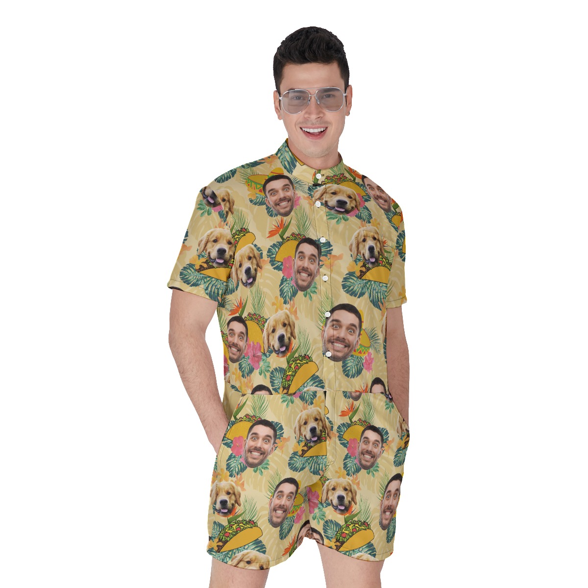 Floral Taco Men's Hawaiian Romper With Custom Face - variant image 1