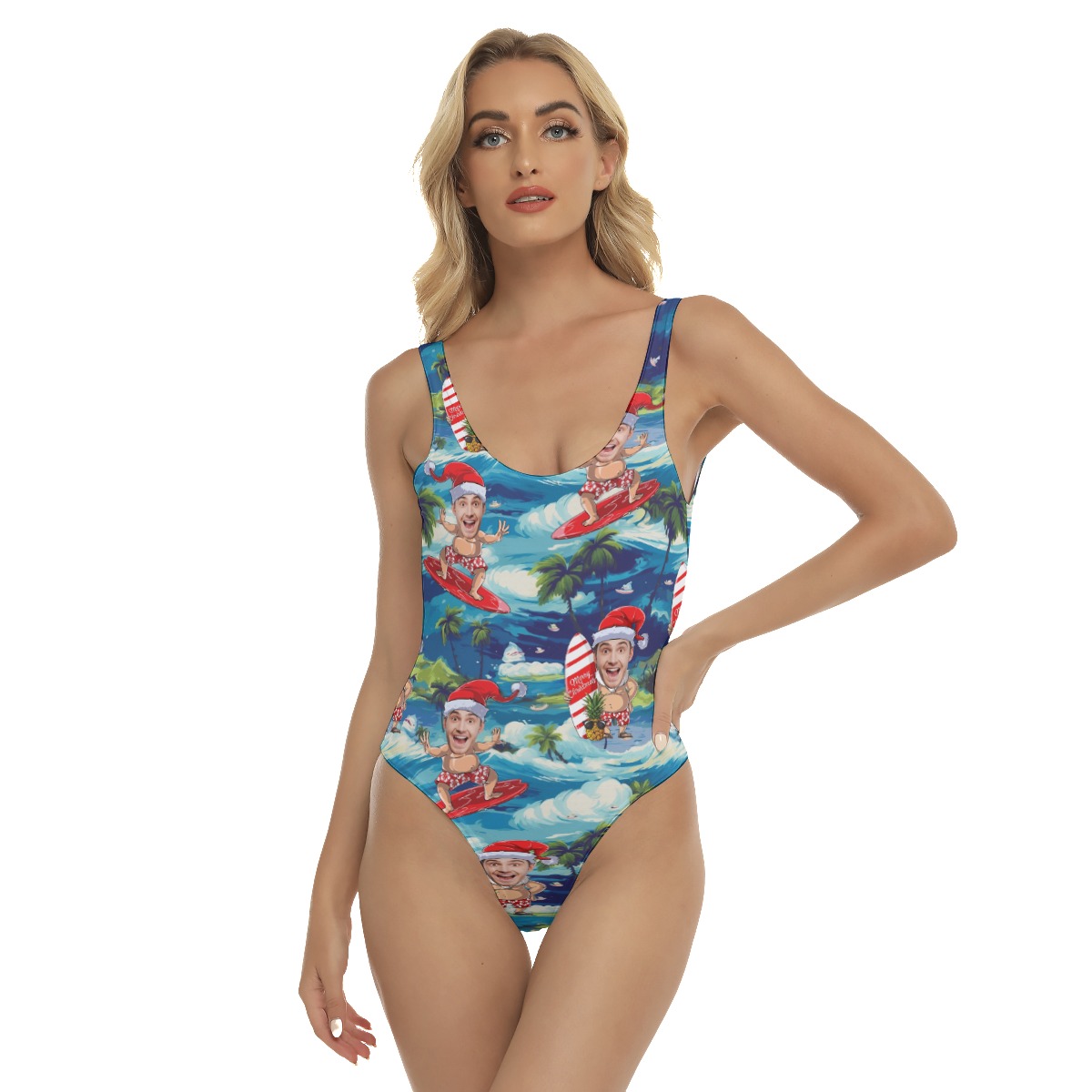 Funny Custom Face With Santa Claus Surfing Hawaiian Swimsuit For Women - variant image 1