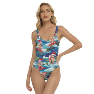Funny Custom Face With Santa Claus Surfing Hawaiian Swimsuit For Women