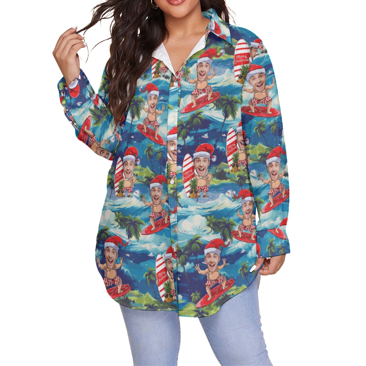 Funny Custom Face Santa Surfing Tropical Hawaiian Long Sleeve Blouse Shirt For Women - variant image 1
