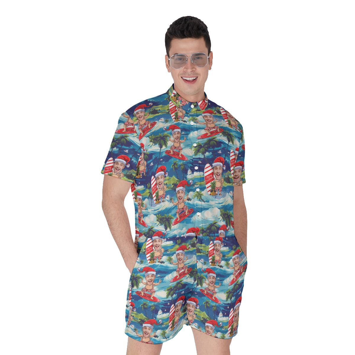 Custom Face Santa Surfing Tropical Men's Hawaiian Romper - variant image 1