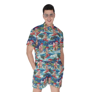 Custom Face Santa Surfing Tropical Men's Hawaiian Romper