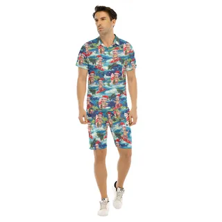 Set Tropical Custom Face Santa Surfing Hawaiian Shirt And Matching Shorts For Men