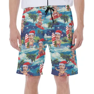Funny Custom Face Santa Surfing Tropical Hawaiian Swim Trunks For Summer