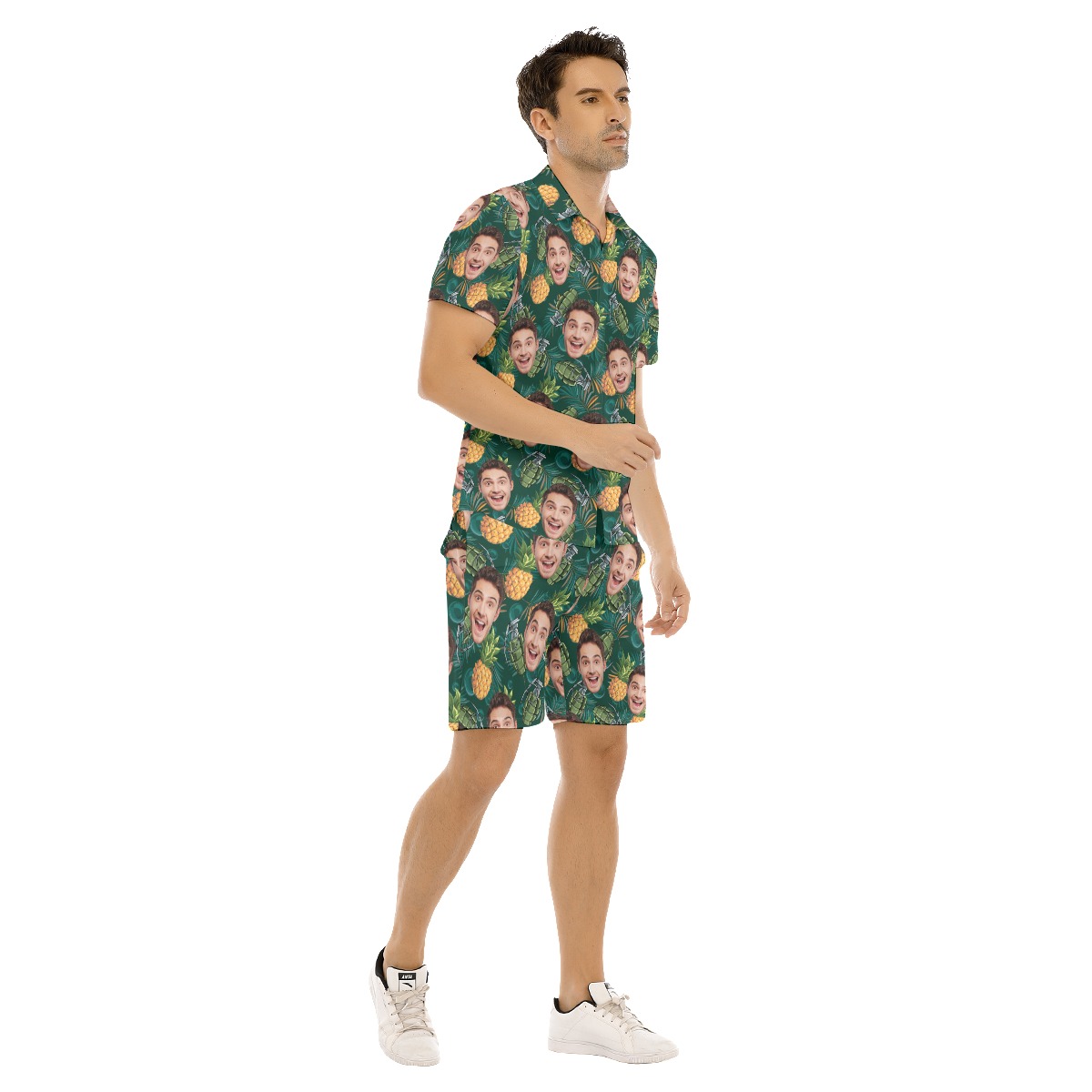 Set Custom Face Pineapple Grenade Green Hawaiian Shirt And Matching Shorts For Men
