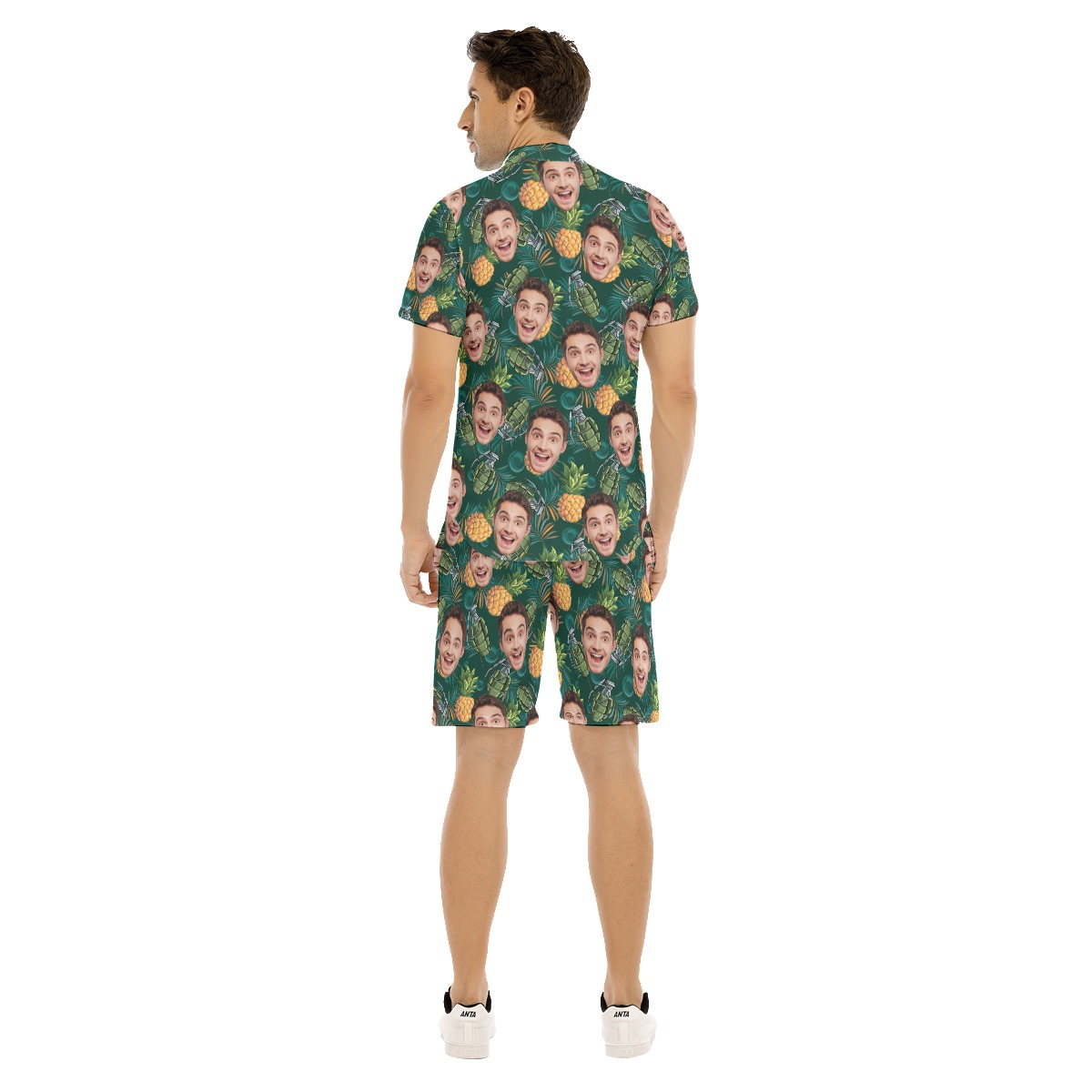 Set Custom Face Pineapple Grenade Green Hawaiian Shirt And Matching Shorts For Men