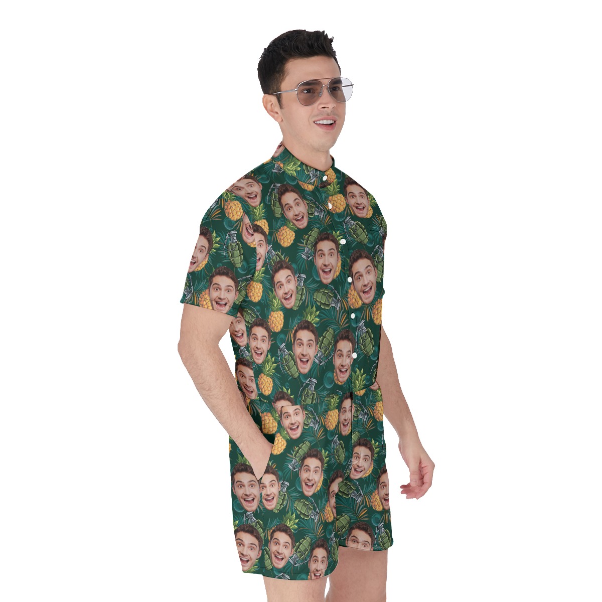 Funny Custom Face Pineapple Grenade Men's Green Hawaiian Romper