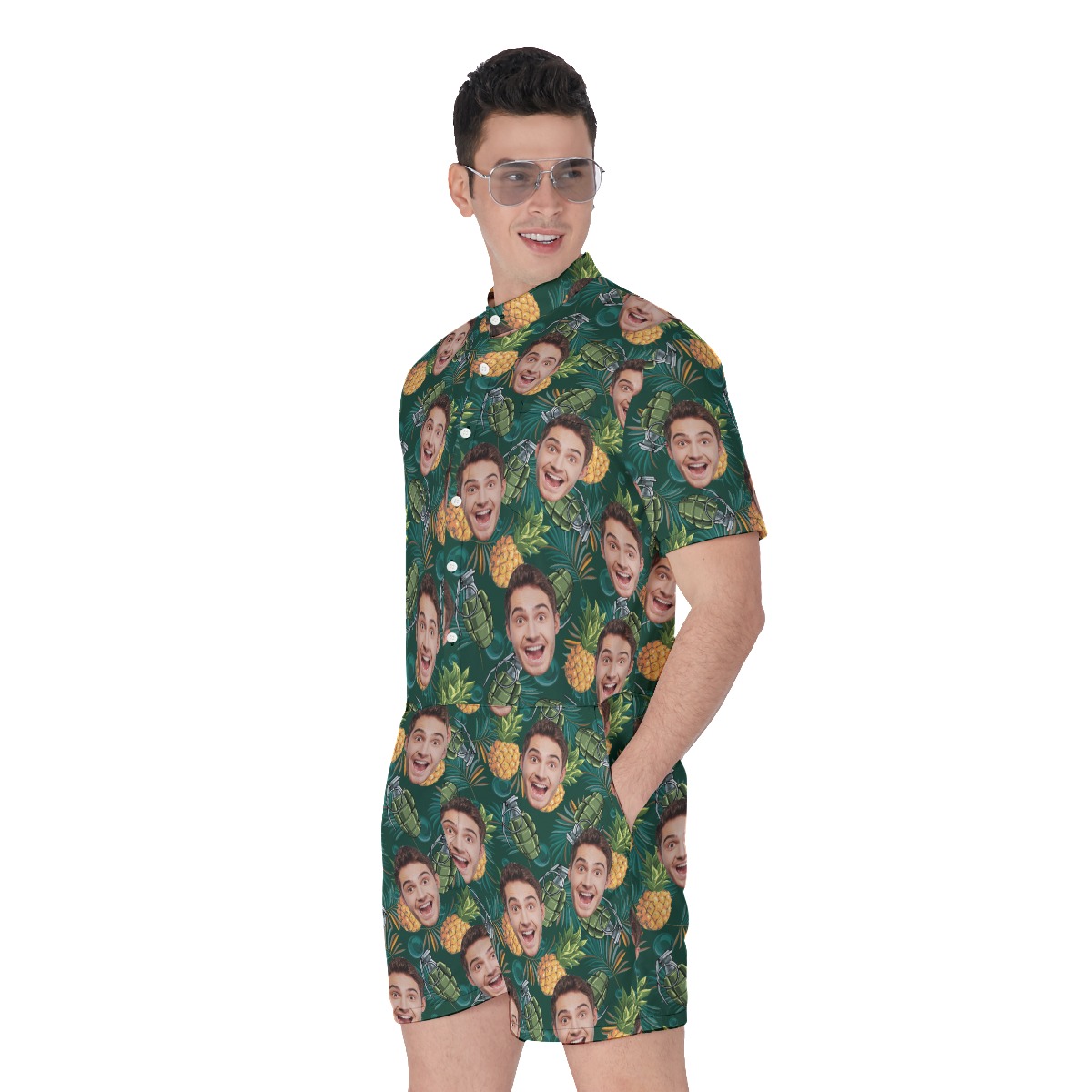 Funny Custom Face Pineapple Grenade Men's Green Hawaiian Romper