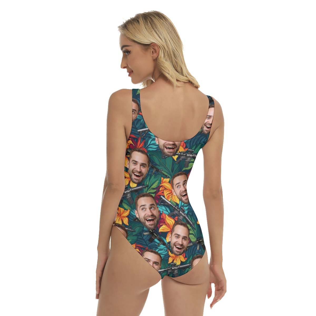 Funny Custom Face Tropical Gun Hawaiian Swimsuit For Women