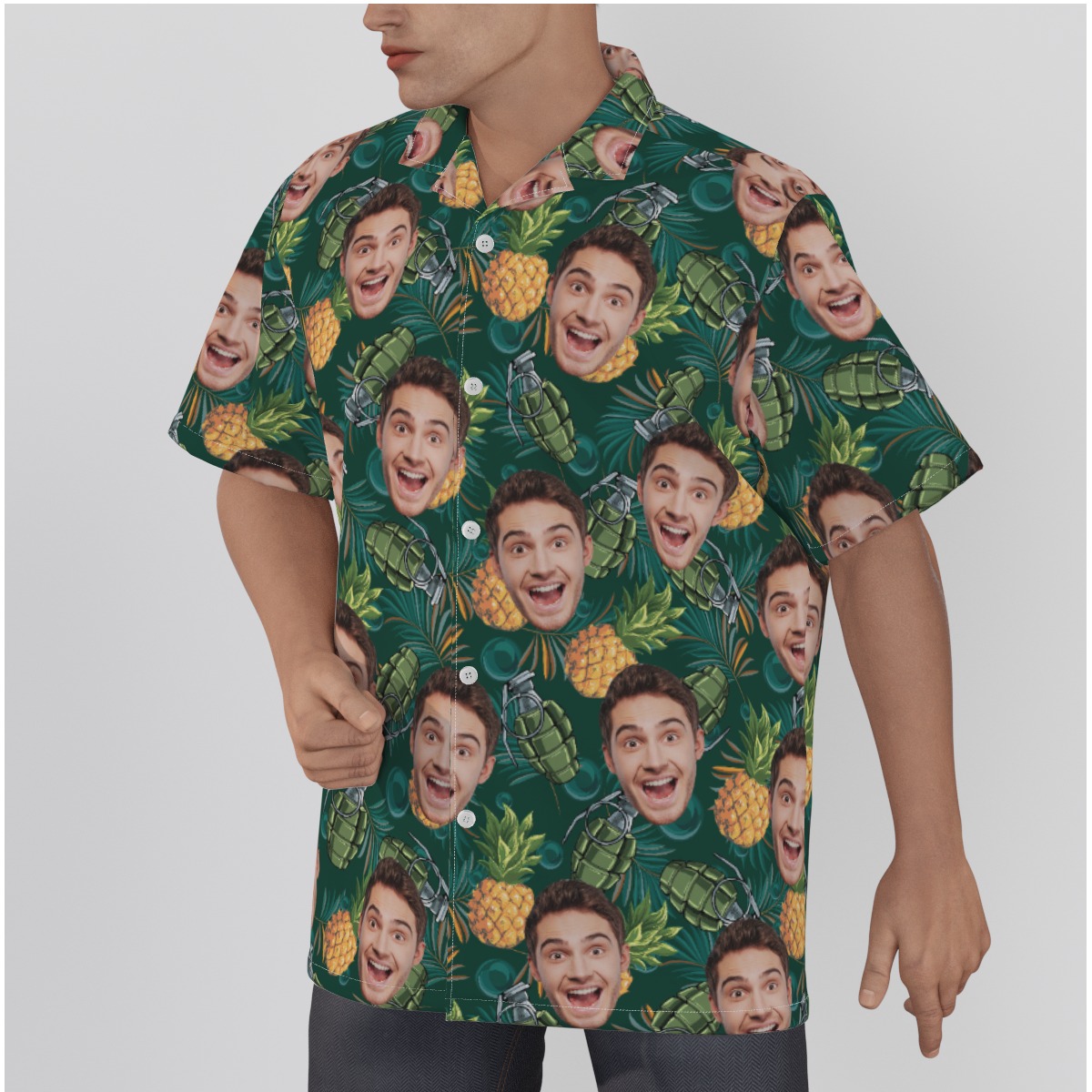 Pineapple Grenade Custom Face Green Hawaiian Shirt