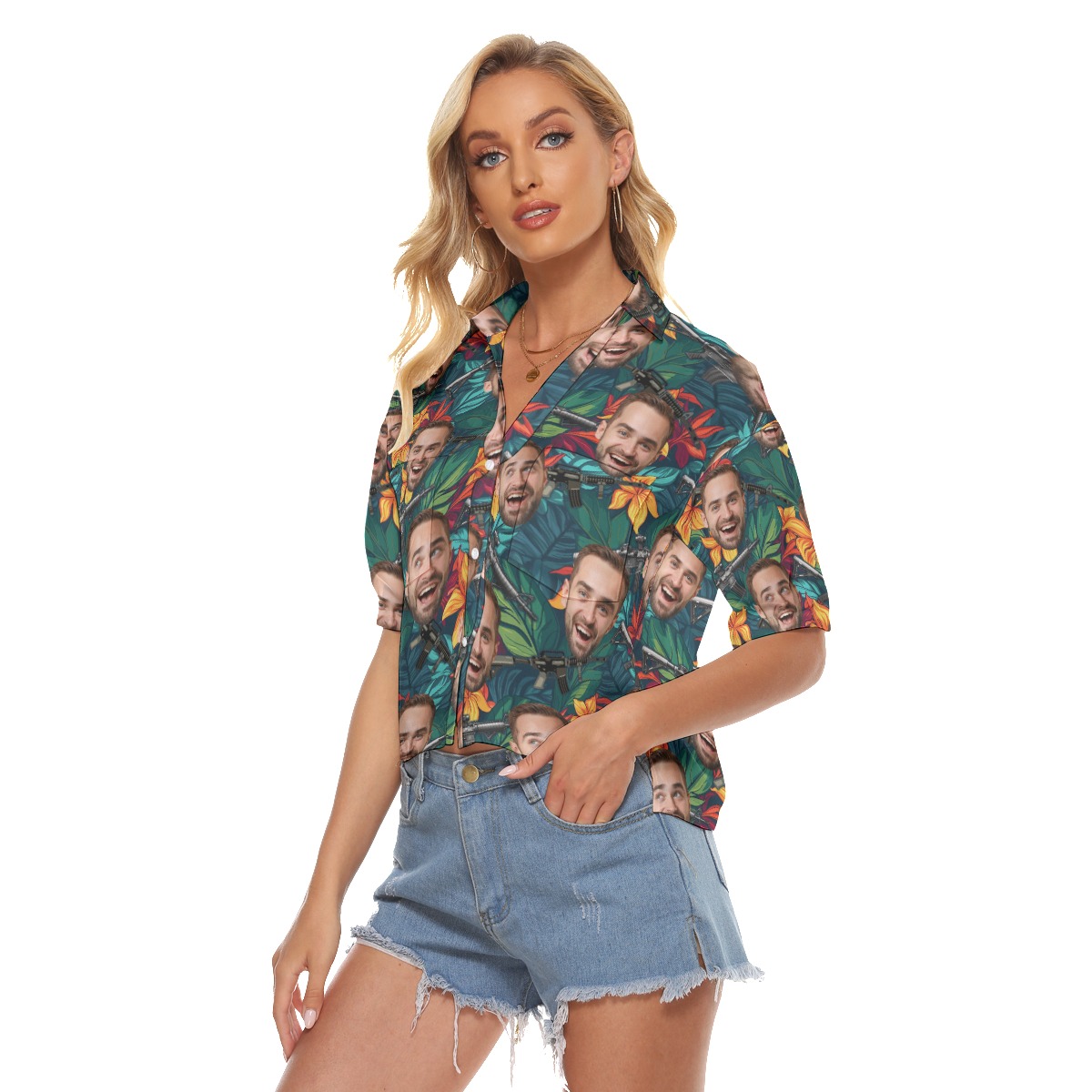 Funny Custom Face Tactical Floral Hawaiian Crop Top Shirt For Women