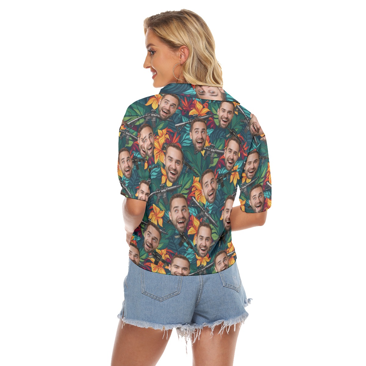 Funny Custom Face Tactical Floral Hawaiian Crop Top Shirt For Women