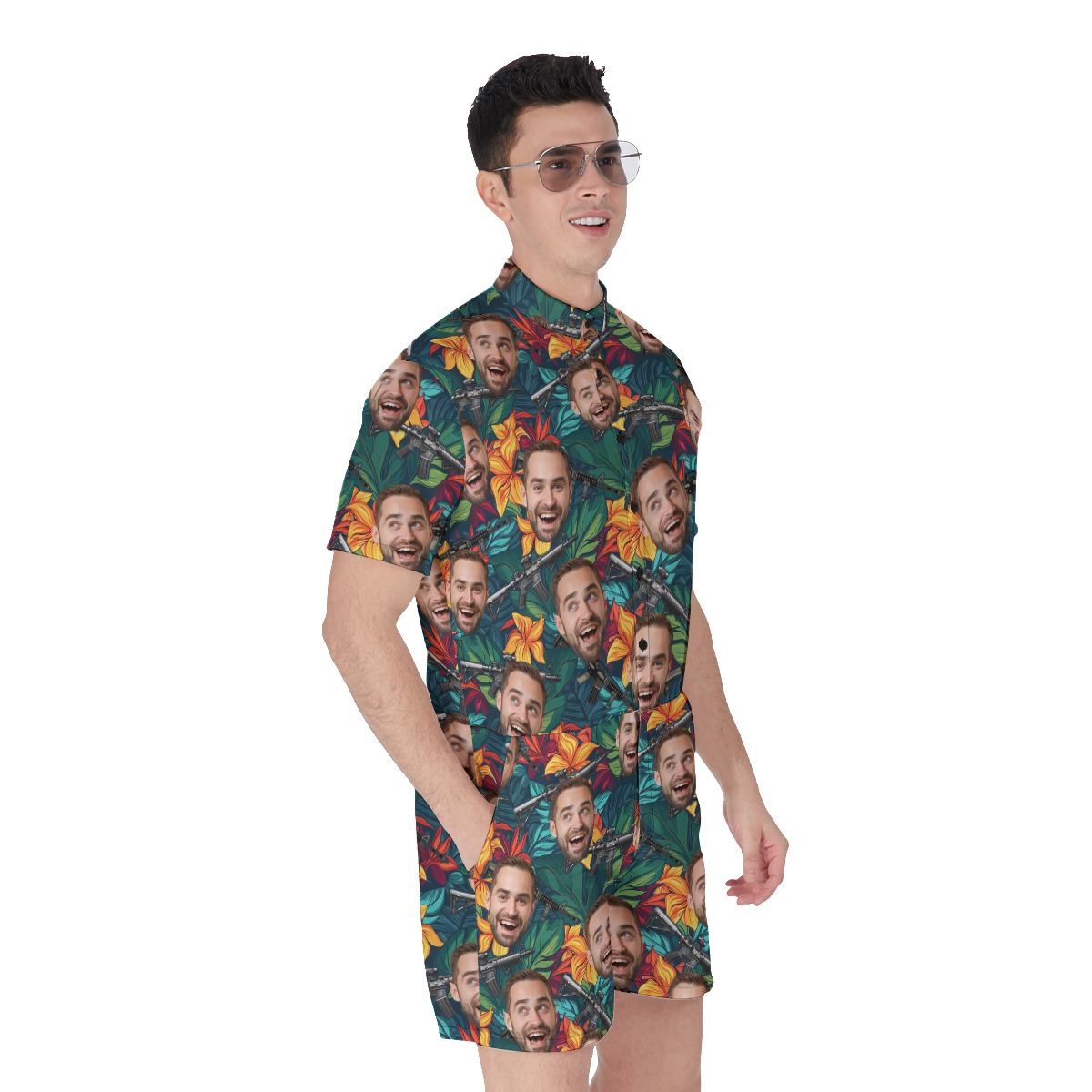 Custom Face Tactical Gun Tropical Hawaiian Romper For Men