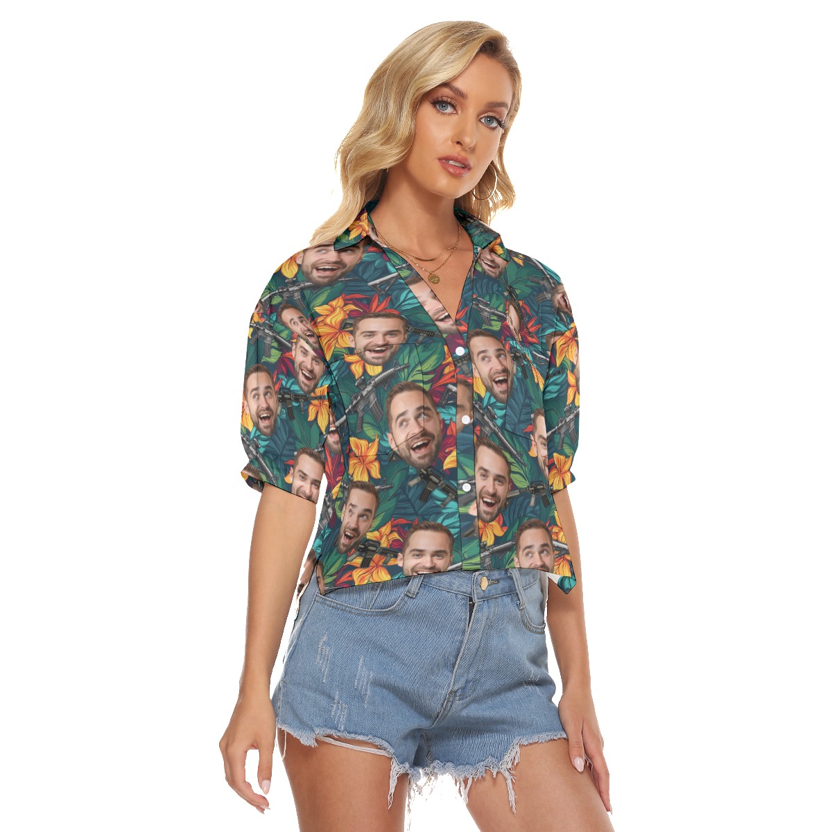 Funny Custom Face Tactical Floral Hawaiian Crop Top Shirt For Women