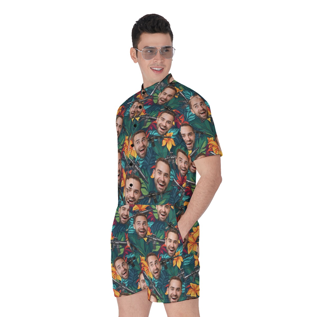 Custom Face Tactical Gun Tropical Hawaiian Romper For Men