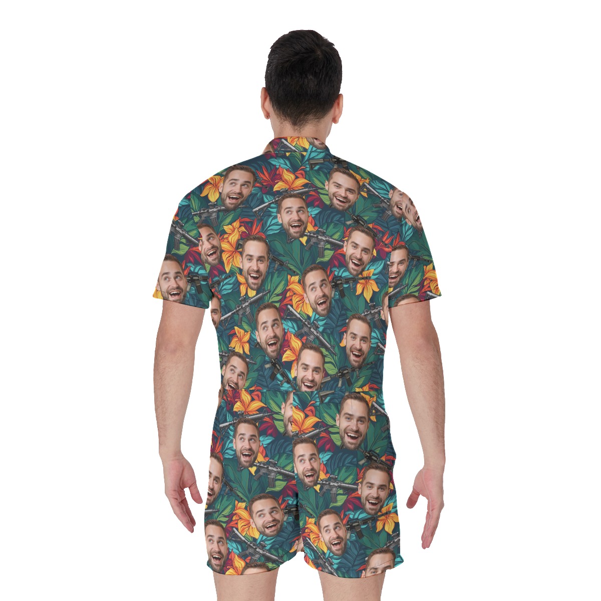 Custom Face Tactical Gun Tropical Hawaiian Romper For Men