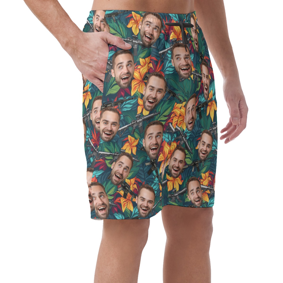 Custom Floral Gun Hawaiian Beach Shorts With Face