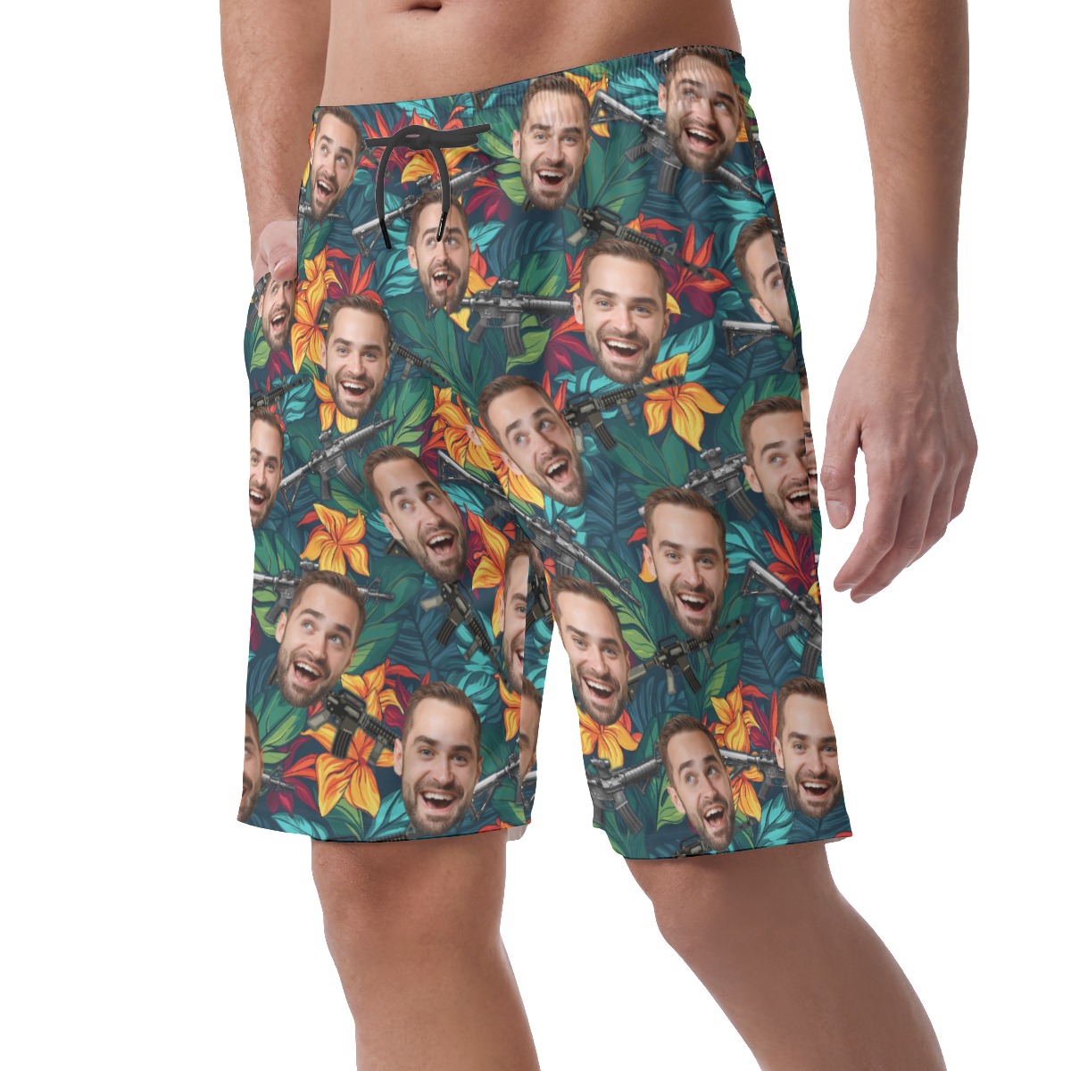 Custom Floral Gun Hawaiian Beach Shorts With Face