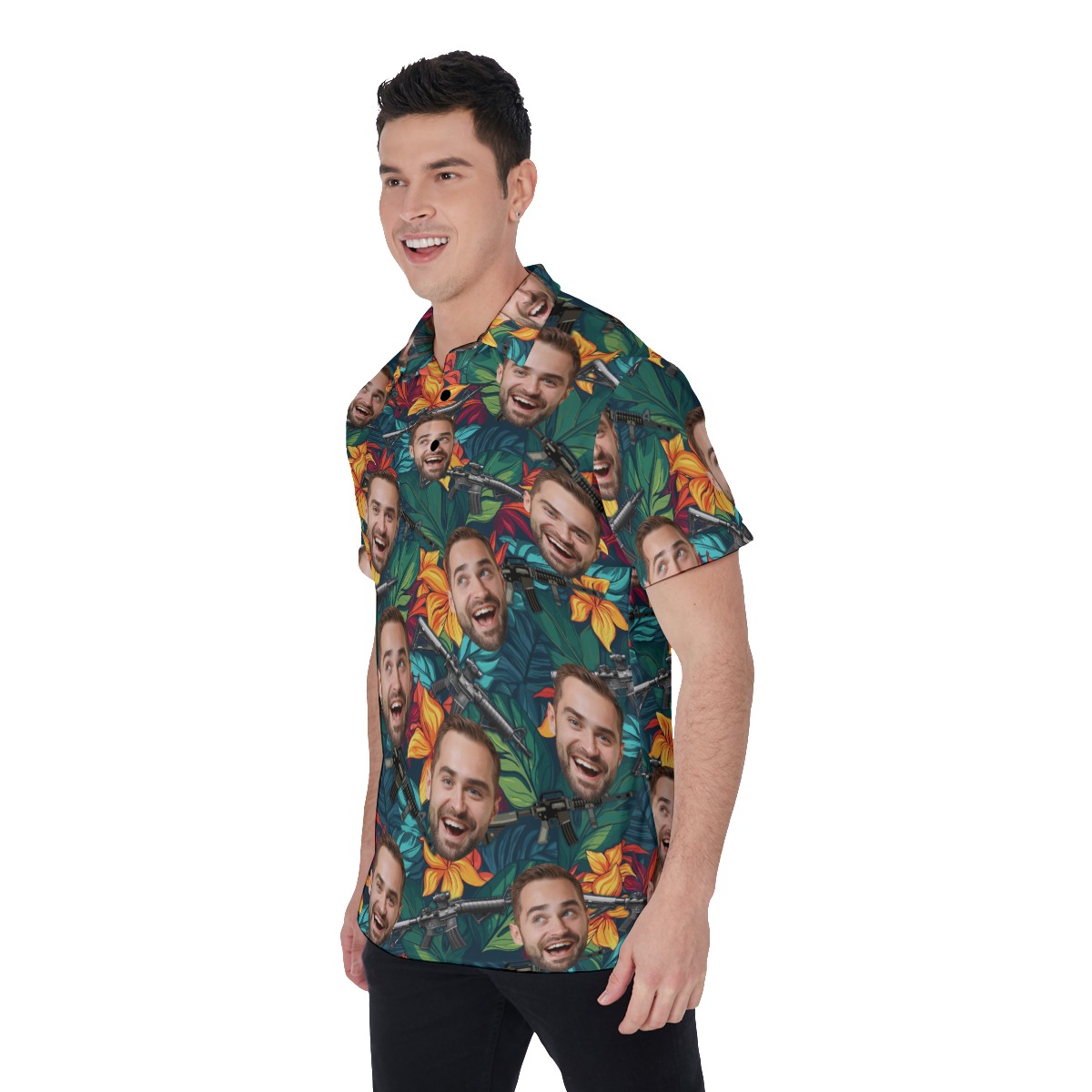 Floral Gun Hawaiian Polo Shirt With Custom Face