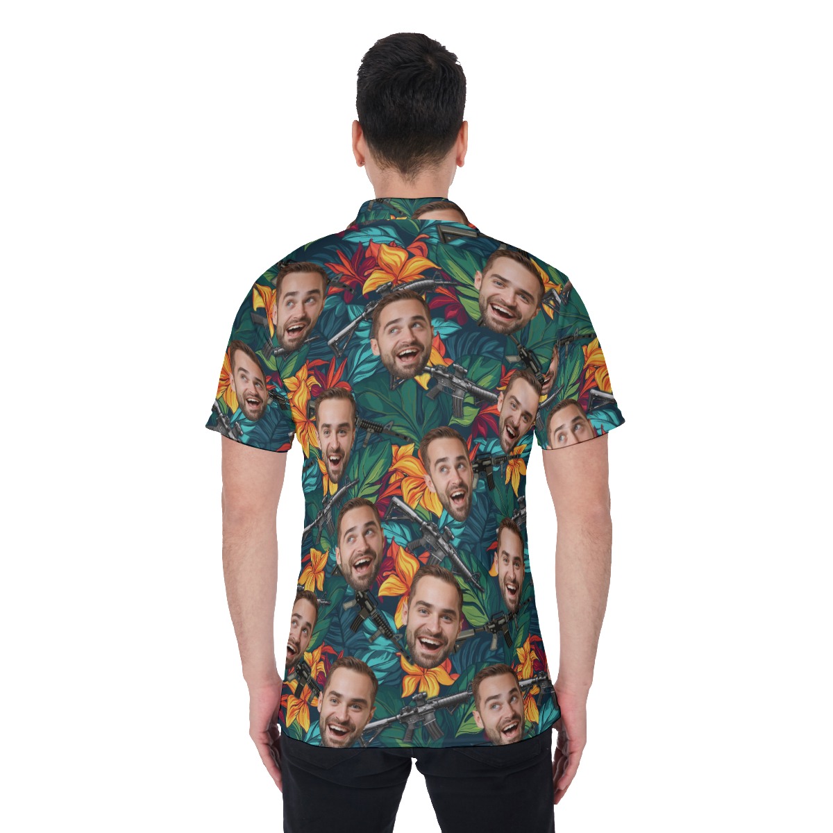 Floral Gun Hawaiian Polo Shirt With Custom Face