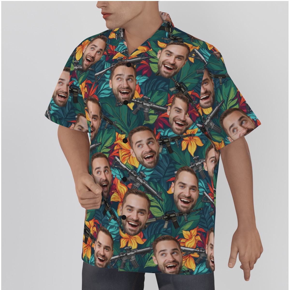 Custom Face Gun Floral Hawaiian Collared Shirt
