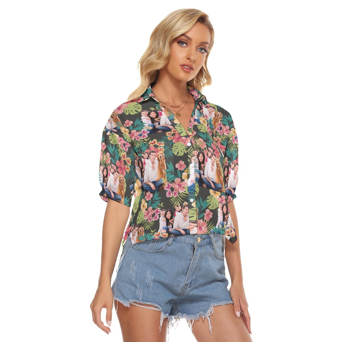 Floral Hawaiian Crop Top Shirt With Custom Family Portrait