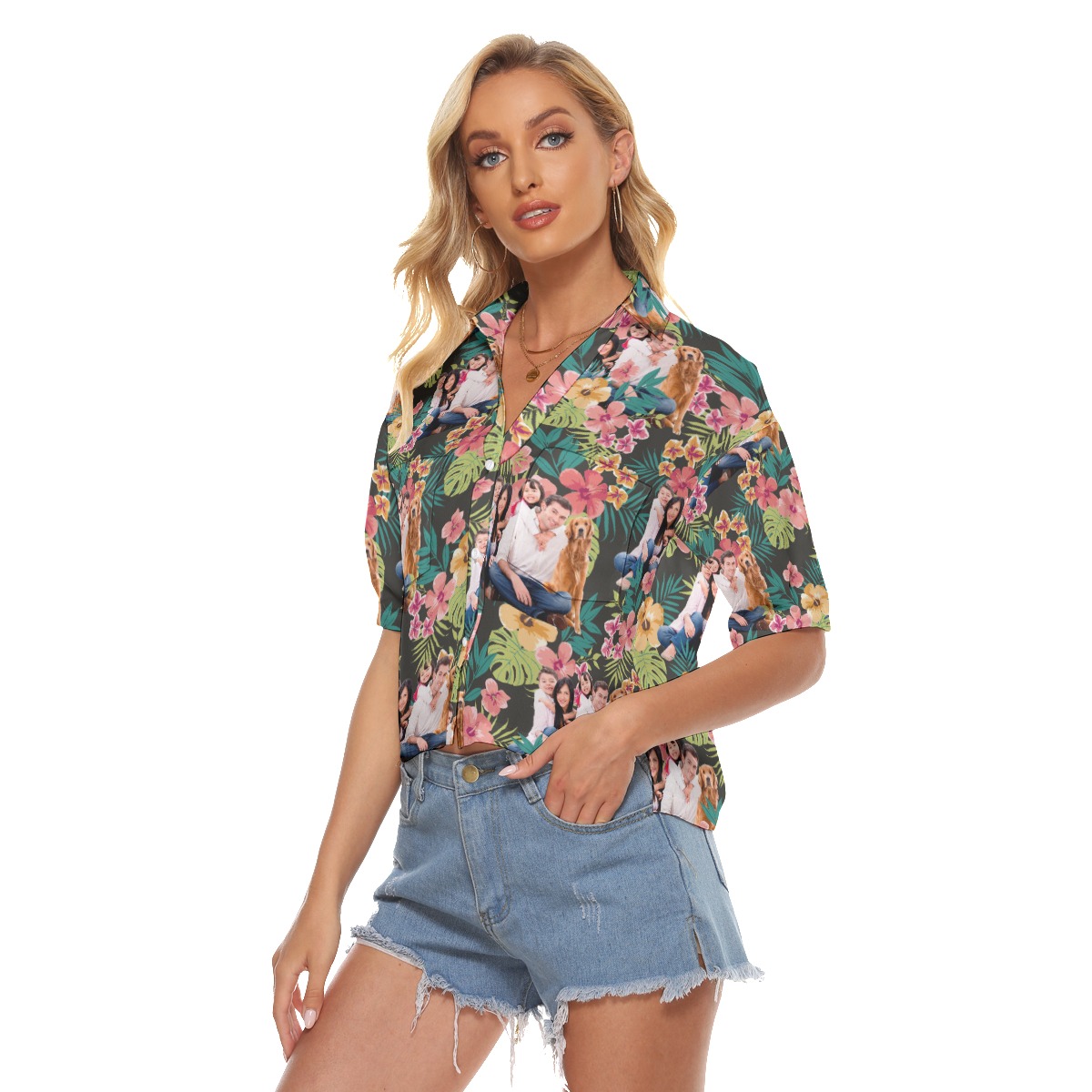 Floral Hawaiian Crop Top Shirt With Custom Family Portrait