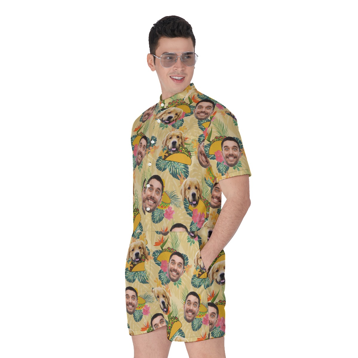 Floral Taco Men's Hawaiian Romper With Custom Face