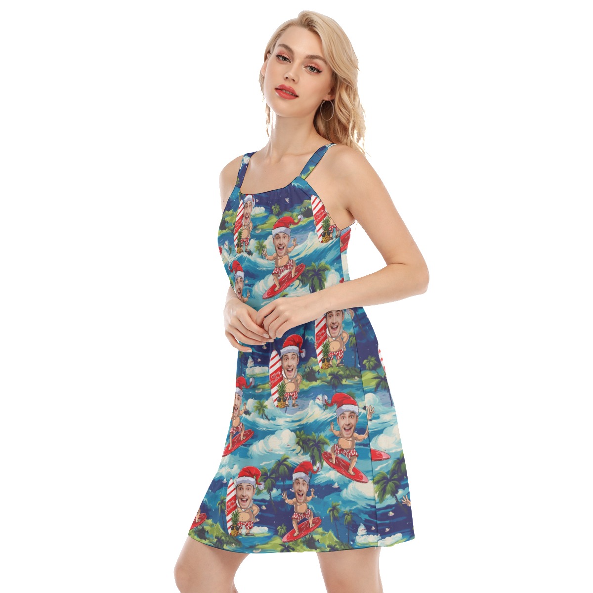 Funny Custom Face Santa Surfing Tropical Aloha Cami Dresses For Women