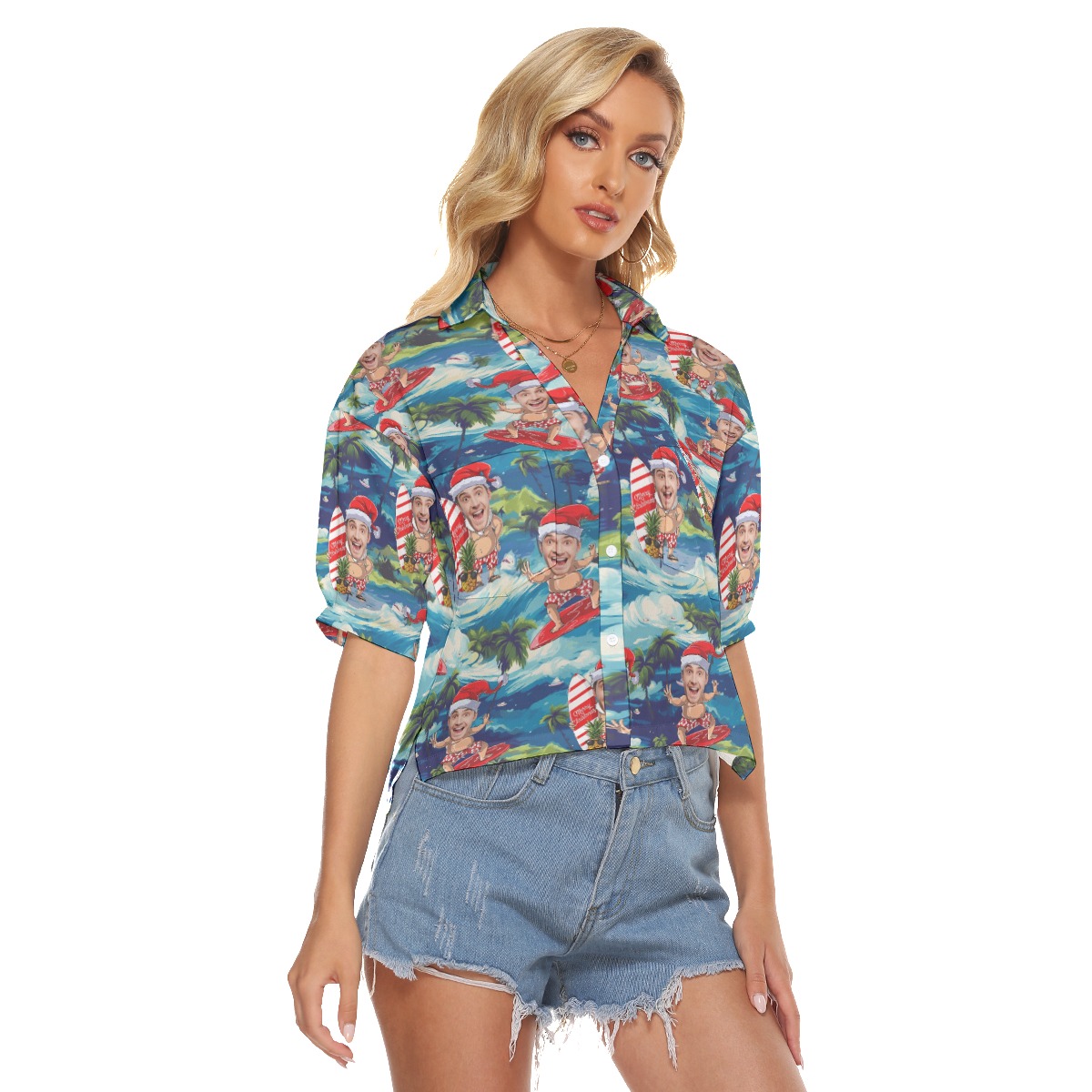 Tropical Santa Surfing Hawaiian Cropped Shirt With Custom Face