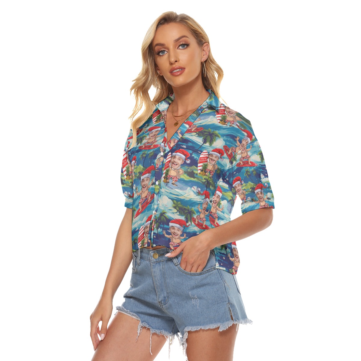 Tropical Santa Surfing Hawaiian Cropped Shirt With Custom Face