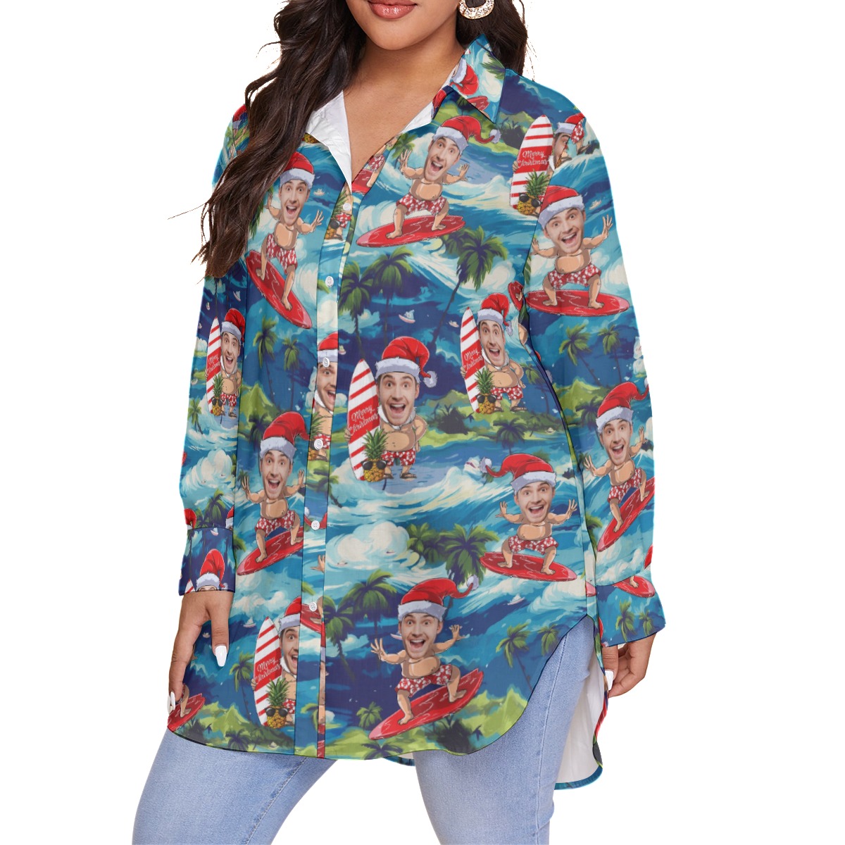 Funny Custom Face Santa Surfing Tropical Hawaiian Long Sleeve Blouse Shirt For Women
