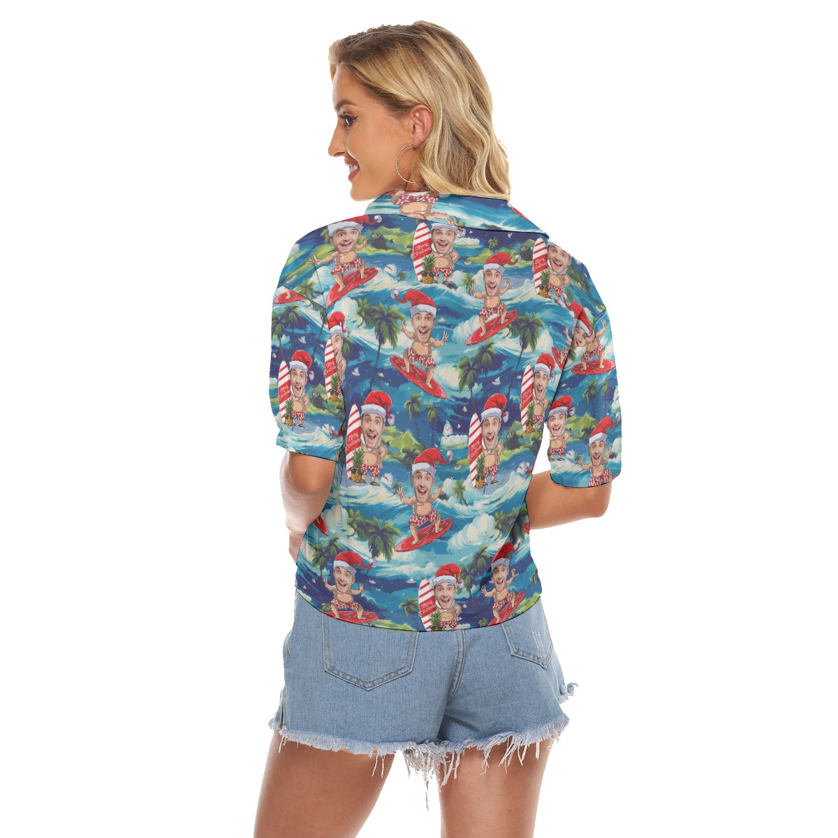 Tropical Santa Surfing Hawaiian Cropped Shirt With Custom Face