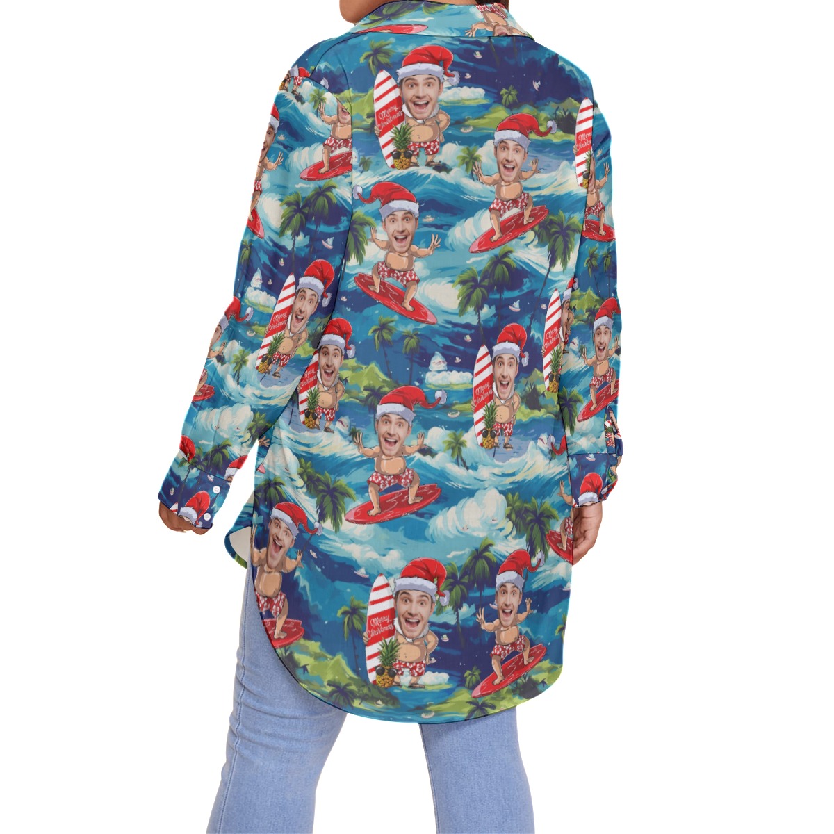 Funny Custom Face Santa Surfing Tropical Hawaiian Long Sleeve Blouse Shirt For Women