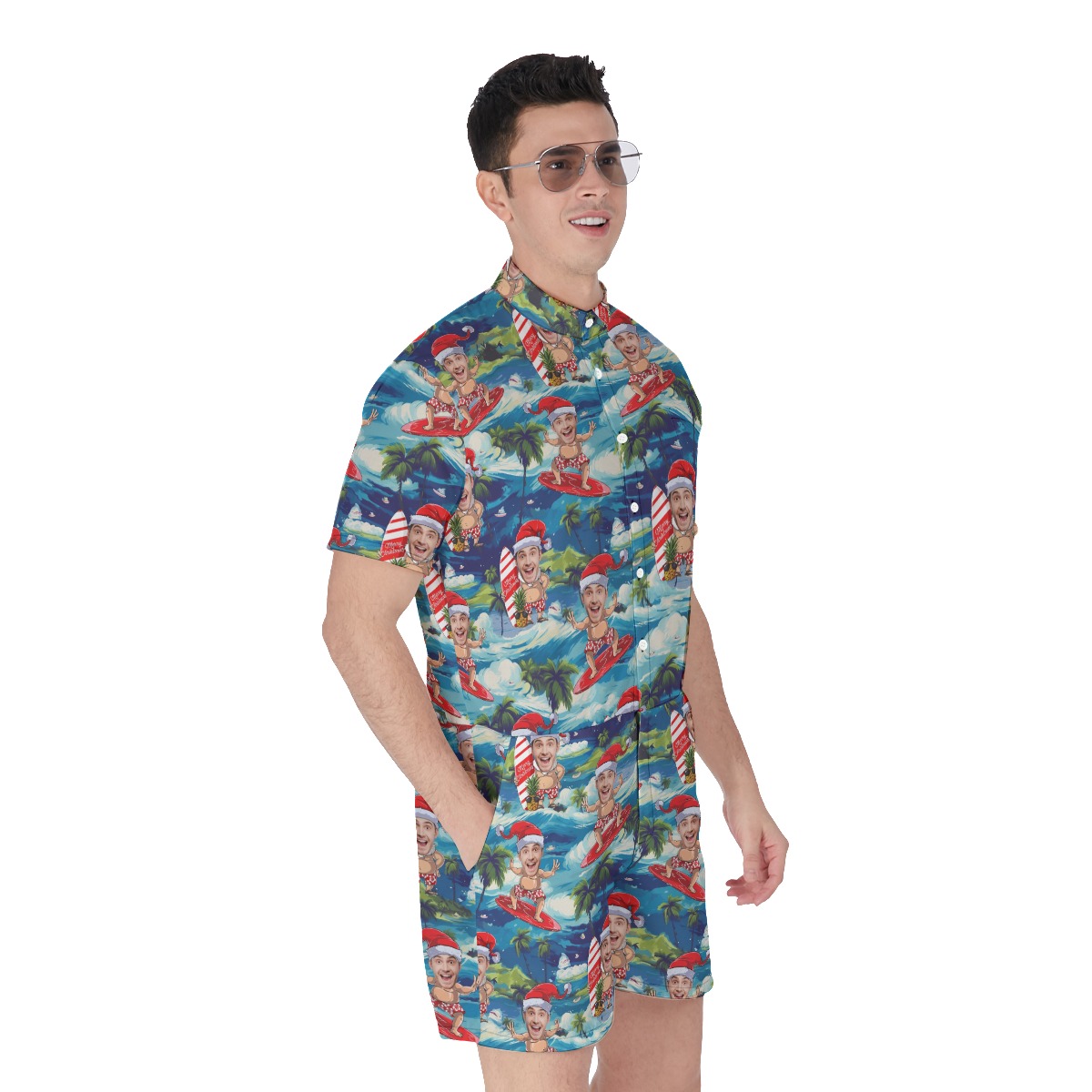 Custom Face Santa Surfing Tropical Men's Hawaiian Romper