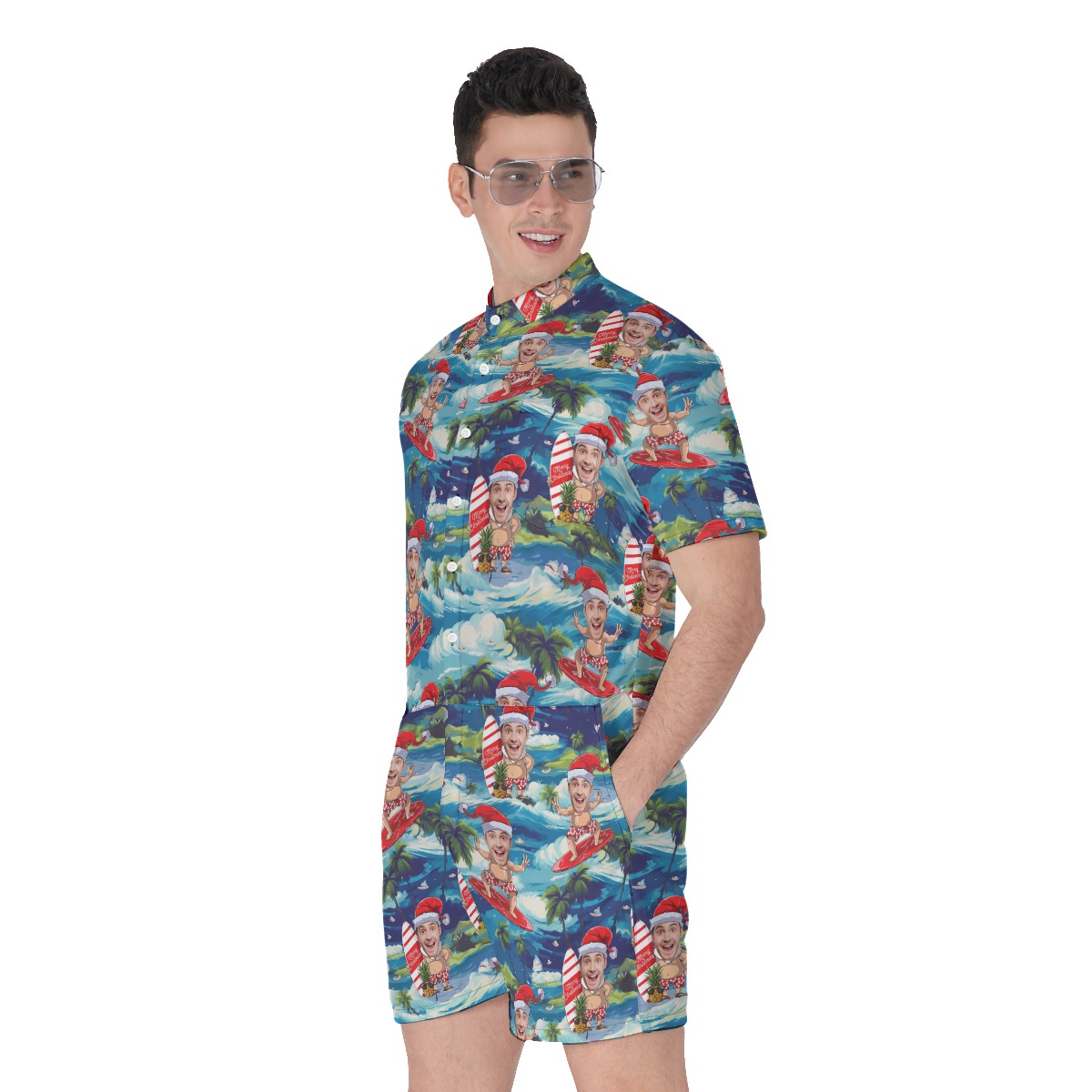 Custom Face Santa Surfing Tropical Men's Hawaiian Romper