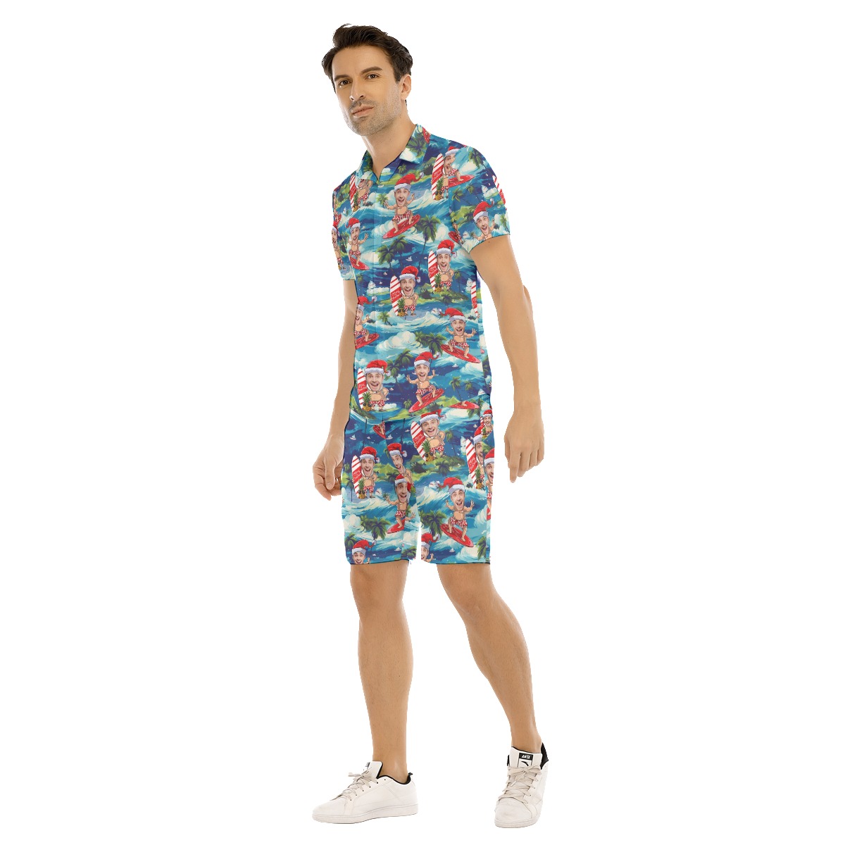 Set Tropical Custom Face Santa Surfing Hawaiian Shirt And Matching Shorts For Men