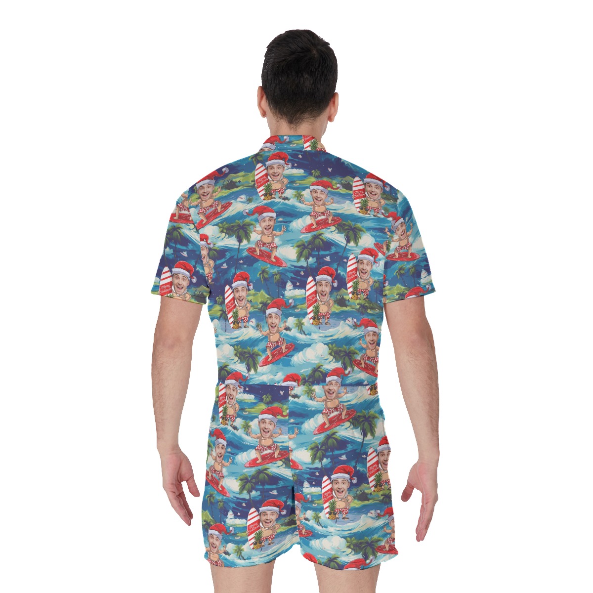 Custom Face Santa Surfing Tropical Men's Hawaiian Romper